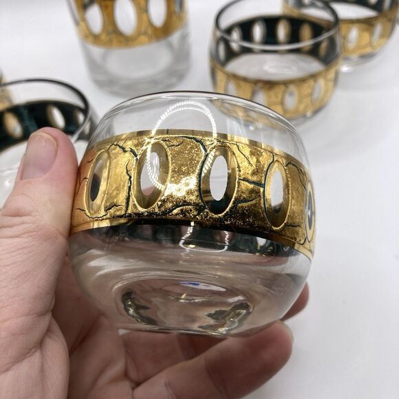 CULVER Pisa 22k Gold Accent Glass Cocktail Pitcher Roly Poly  CULVER Pisa 22k Gold Accent Glass Cocktail Pitcher Roly Poly Tumbler 8 Pc MCM